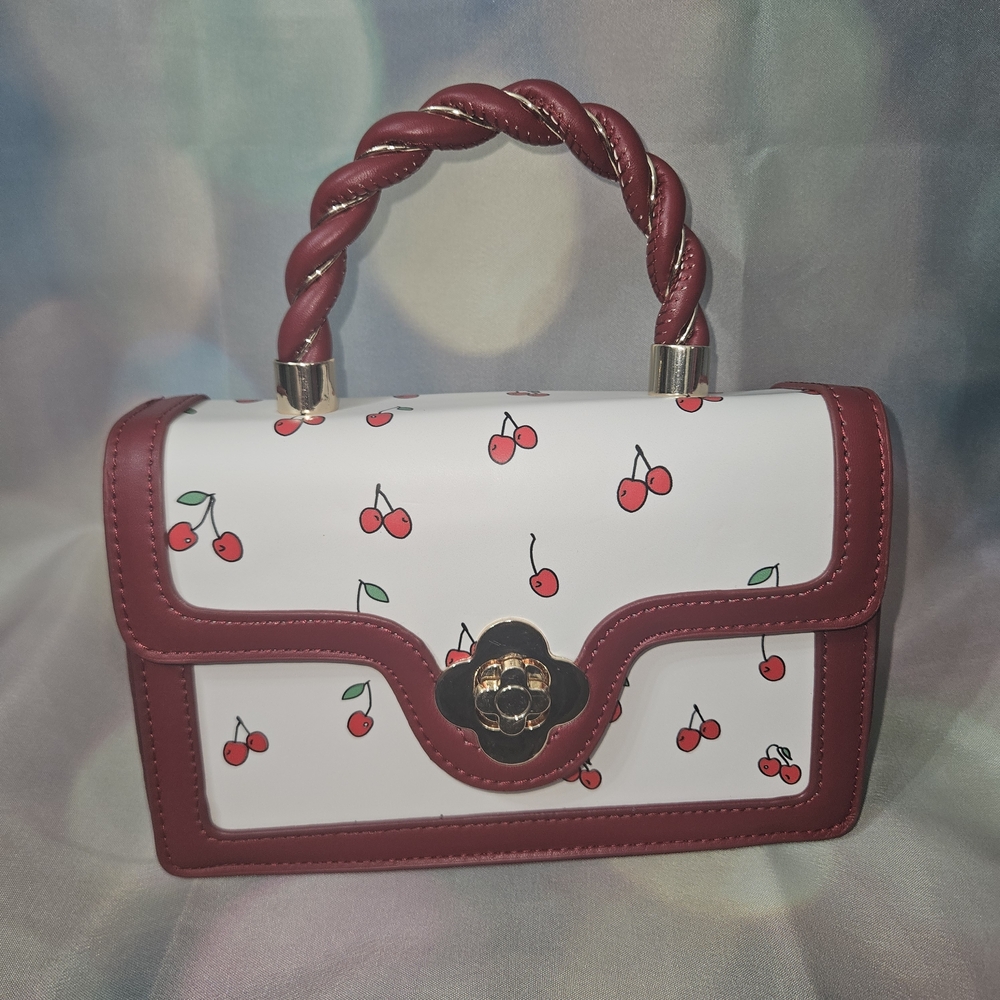 Cherry Print Top Handle Mini Bag w/ Matching Cherry and Gold Jewelry